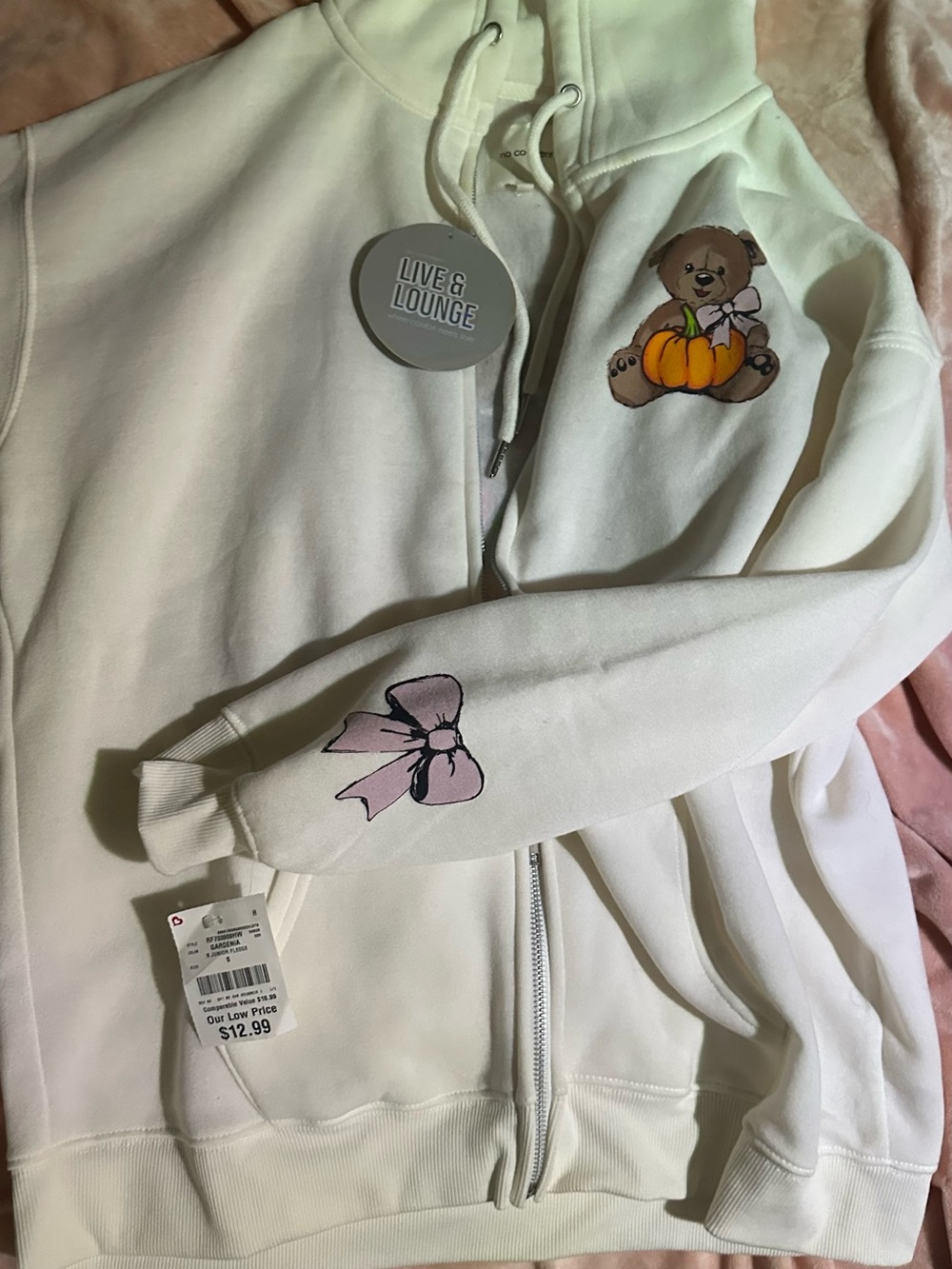 Live & Lounge Women's White Hoodie Jacket with Teddy & Bow Embroidery